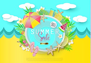 Summer Sale banner with Sweet Travel Vacation Elements. Paper Art. Tropical plants, pineapple, ice cream, cherry, orange, cocktail