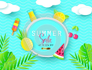 Summer Sale banner with Sweet Vacation Elements. Paper Art. Tropical plants, pineapple, ice cream, cherry, orange, cocktail, water