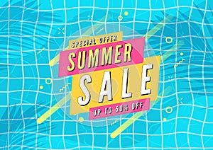 Summer sale banner. Swimming pool with palm leaves shadow top view background.