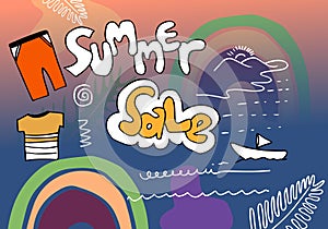 Summer sale banner template.An abstract summer with palm leaves and hand drawn leaves. Tropical background. Promo badge for your