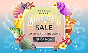 Summer sale banner template colorful sea shell