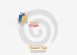 Summer sale banner template design with shopping bag in shopping cart marked date Summer season start on calendar. Vector.