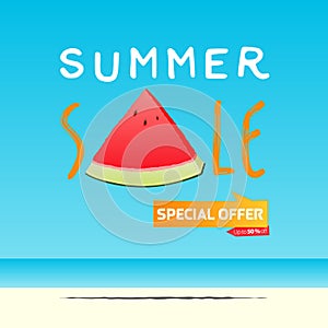 Summer sale banner template design. Special offer  up to 50% off banner for summer season. Watermelon in flat design. Vector.