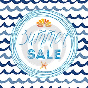 Summer sale banner template, hand drawn letterig element, seashell, sea star, circle frame