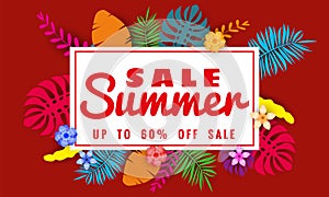 Summer sale banner template for seasonal sales with tropical leaves flowers background, color exotic floral design