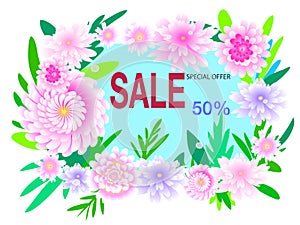 Summer sale banner template. Summer abstract geometric background with leaves and pink fresh flowers. Pastel background. Promo bad