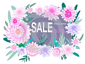 Summer sale banner template. Summer abstract geometric background with leaves and pink fresh flowers. Pastel background. Promo bad