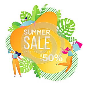 Summer sale banner template. Summer abstract geometric background with tropical leaves and little flat characters.