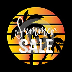 Summer Sale banner template. Sunset with palm tree silhouette. Tropical backdrop.