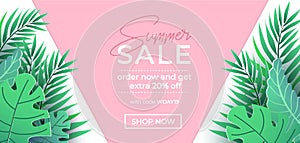 Summer sale banner in trendy style with pink and green tropical leaves for promotion of cosmetic, fashion, accessorize etc. Modern