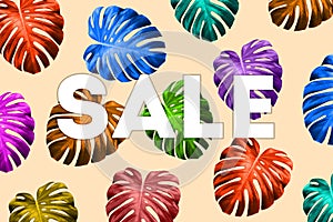 Summer sale banner with tropical colorful leaves, bright design. Fashionable modern style. Template for banner, poster, card,