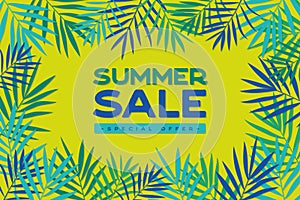 Summer sale banner with tropical exotic leaves