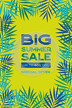 Summer sale banner with tropical exotic leaves