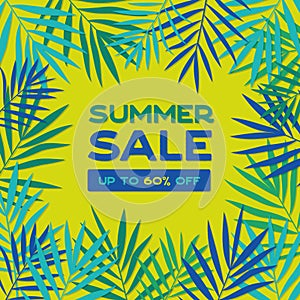 Summer sale banner with tropical exotic leaves