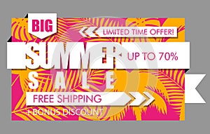 Summer sale banner with tropical exotic palm leaves and plant orange and pink background. Vector bright floral design white text