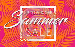 Summer sale banner with tropical exotic palm leaves and plant orange and pink bright vivid color background