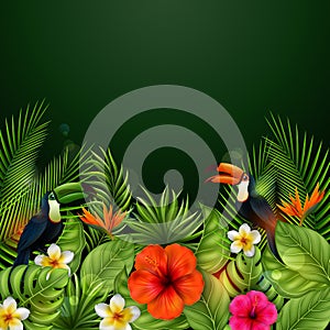 Summer sale banner with tropical flowers and leaves. Toucan and Exotic Leaves on Nature Green Background