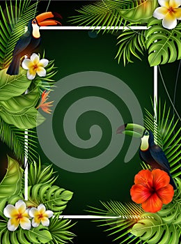 Summer sale banner with tropical flowers and leaves. Toucan and Exotic Leaves on Nature Green Background