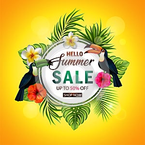 Summer sale banner with tropical flowers and leaves. Toucan and Exotic Leaves on Nature Green Background