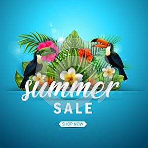 Summer sale banner with tropical flowers and leaves. Toucan and Exotic Leaves on Nature Green Background