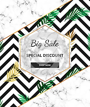 Summer Sale banner with tropical jungle, green leaf and marble texture background. Template for design card, flyer, invitation, pa