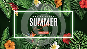 Summer Sale Banner With Tropical Leaves Background.