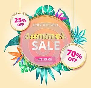 Summer Sale banner with tropical leaves and text. Colorful banner template. Hot season sale, end of season banner modern