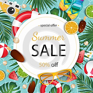 Summer sale banner vector illustration. Summer elements in colorful backgrounds.