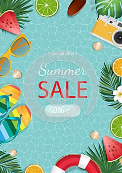 Summer sale banner vector illustration. Summer elements in colorful backgrounds.