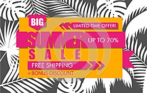 Summer sale banner with white tropical exotic palm leaves and plant on orange background. Vector bright floral design pink text