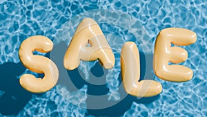 Summer sale banner. Yellow inflatable sale word in the pool. 3d render.