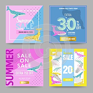 Summer Sale Banners with Cute Whales. Promotional Design Template for Posters, Flyers. Summer Discount Background