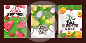 Summer sale banners, exotic fruits vector illustration. Set of advertisement posters with watermelon, strawberry, pitaya