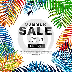 Summer sale banners with multicolor coconut palm leaves. Vector tropical poster background.