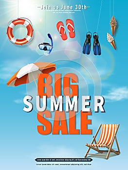 Summer sale big background with hanging elements on blue sky background