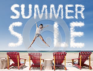 Summer sale cloud with girl jumping over beach chairs