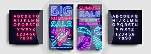 Summer Sale collection vertical banners design template vector. Neon sign, modern trend design, neon style webbanner