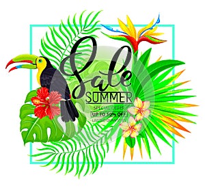 Summer sale composition with tropical plants and toucan