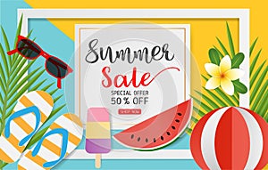 Summer sale concept banner for discount promotion. Colorful sandals, coconut leaves, sunglasses, icecream, beach football and