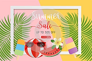 Summer sale concept banner for discount promotion. Colorful sandals, tropical leaves, sunglasses, icecream, beach football and