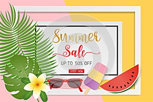 Summer sale concept banner for discount promotion. Colorful sandals, tropical leaves, sunglasses, icecream, beach football and