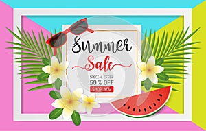 Summer sale concept for discount promotion. Coconut leaves, sunglasses and Plumeria flower on colorful background