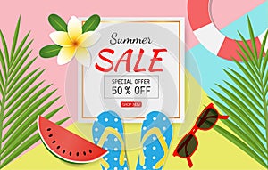 Summer sale concept for discount promotion. Colorful sandals, coconut leaves, sunglasses and Plumeria flower on colorful