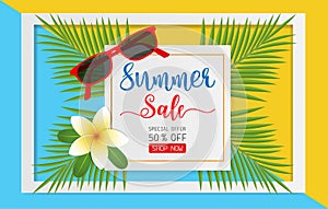 Summer sale concept for discount promotion. Colorful sandals, coconut leaves, sunglasses and Plumeria flower on colorful