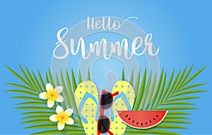 Summer sale concept for discount promotion. Colorful sandals, coconut leaves, sunglasses, watermelon and plumeria flower on blue
