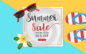 Summer sale concept for discount promotion with colorful sandals, sunglasses and Plumeria flower on blue and yellow background