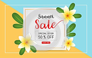 Summer sale concept for discount promotion with plumeria flower on blue and yellow background