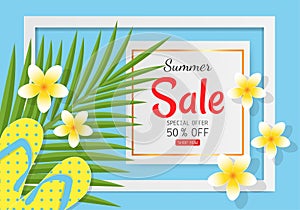 Summer sale concept for discount promotion. Sandals, coconut leaves and Plumeria flower on blue background