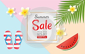 Summer sale concept for discount promotion. Sandals, coconut leaves, Plumeria flower on colorful background