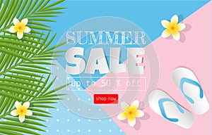 Summer sale concept for discount promotion. Sandals, coconut leaves, Plumeria flower on colorful background